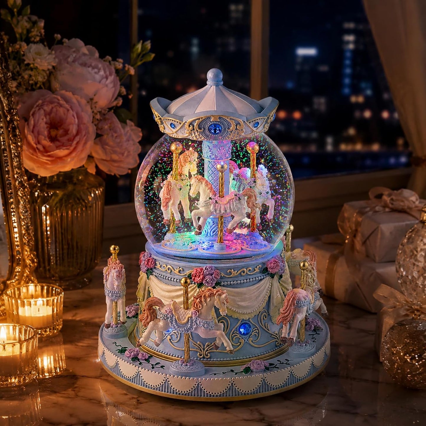 Blue Carousel Snow Globe Music Box with LED Lights, Rotating Horse Merry Go Round with Glitter Snowfall, Wind Up Musical Snow Globe Plays Over the Rainbow, Gift for Daughter Granddaughter Women