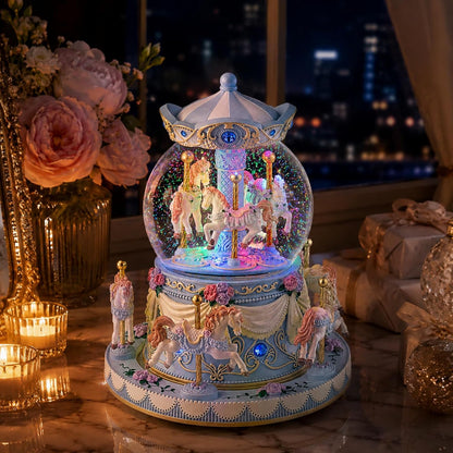 Blue Carousel Snow Globe Music Box with LED Lights, Rotating Horse Merry Go Round with Glitter Snowfall, Wind Up Musical Snow Globe Plays Over the Rainbow, Gift for Daughter Granddaughter Women