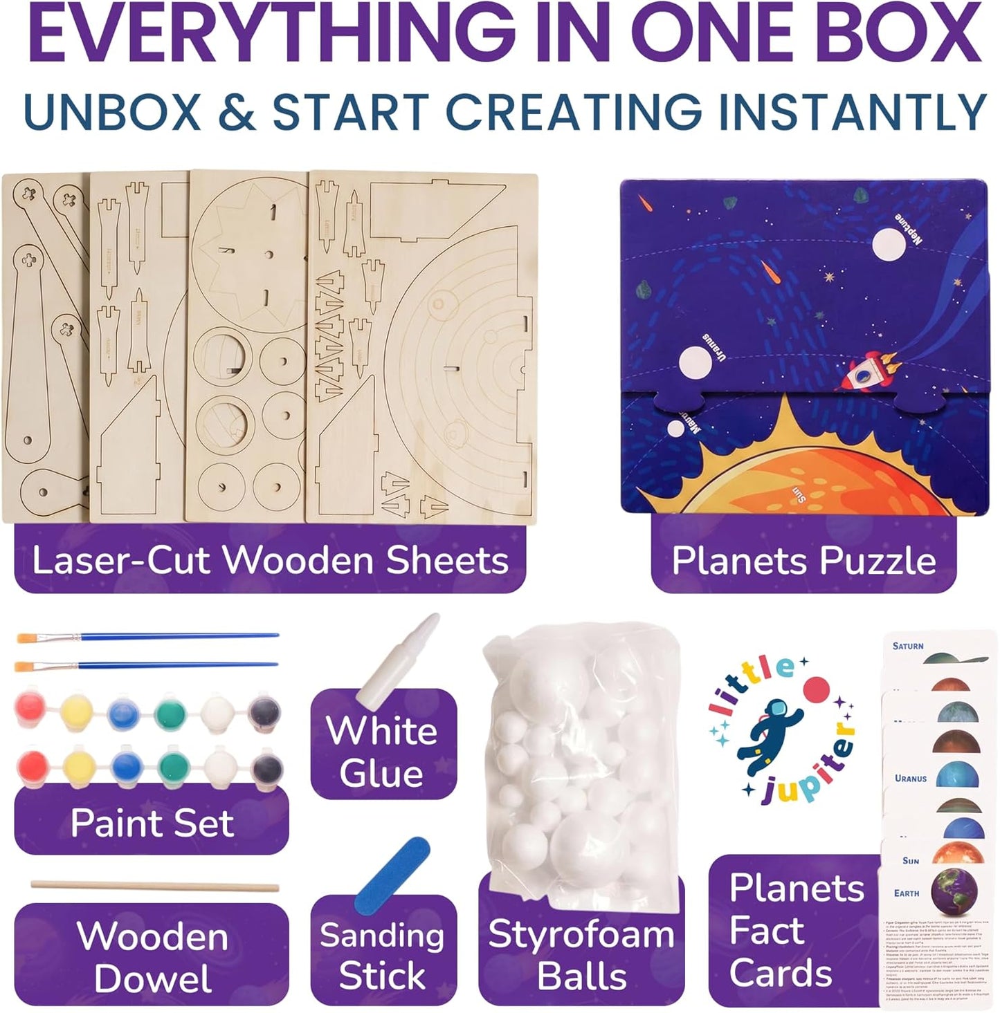 Nine Planets DIY Solar System Model for Kids - Complete Solar System Kit for Kids 8+ Years Old - Includes Wood Model & Puzzle with Fact Cards - Science Kits for 8-12 Years Old