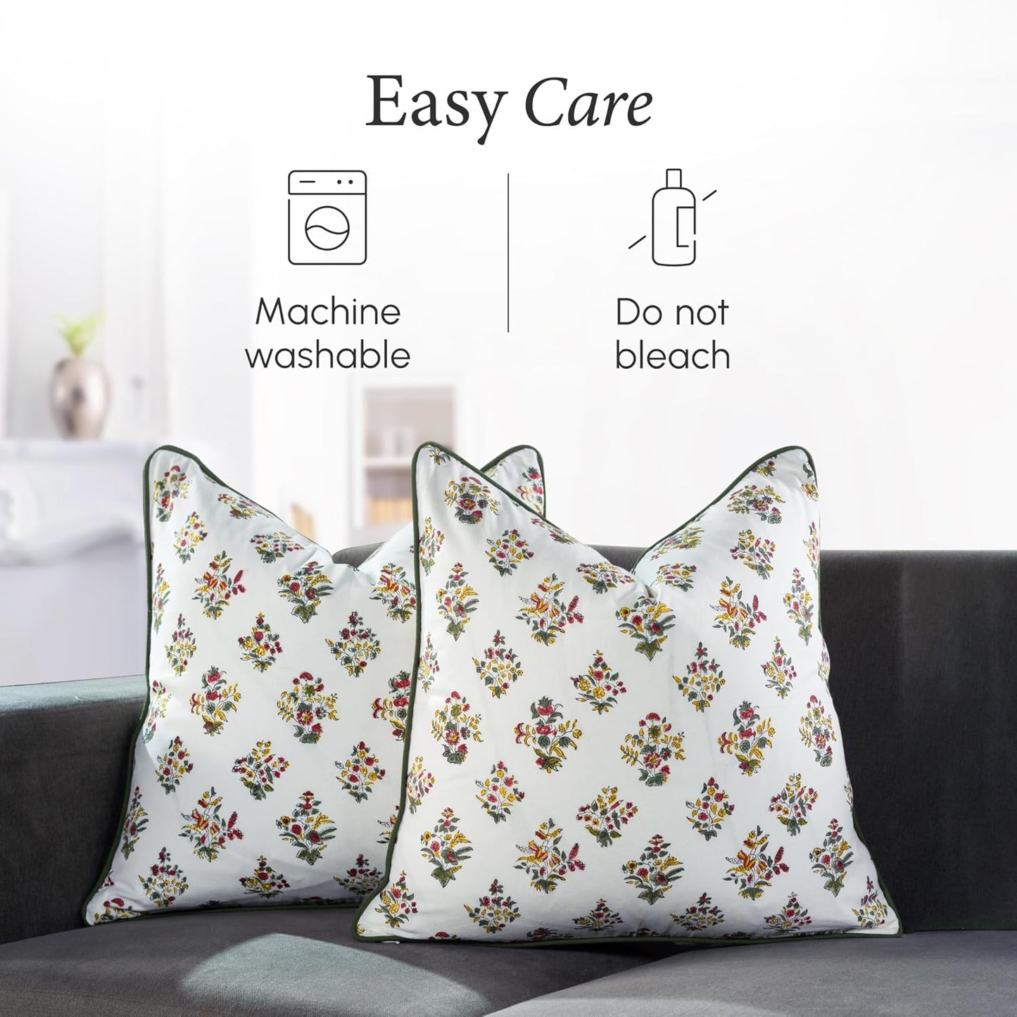 CPC 100% Cotton Throw Pillow Covers 18x18 Inch, Set of 2 Green Block Print Pattern Couch Pillow, Cute Boho Decorative Pillows for Living Room, Bedroom with Hidden Zipper- Agate Green