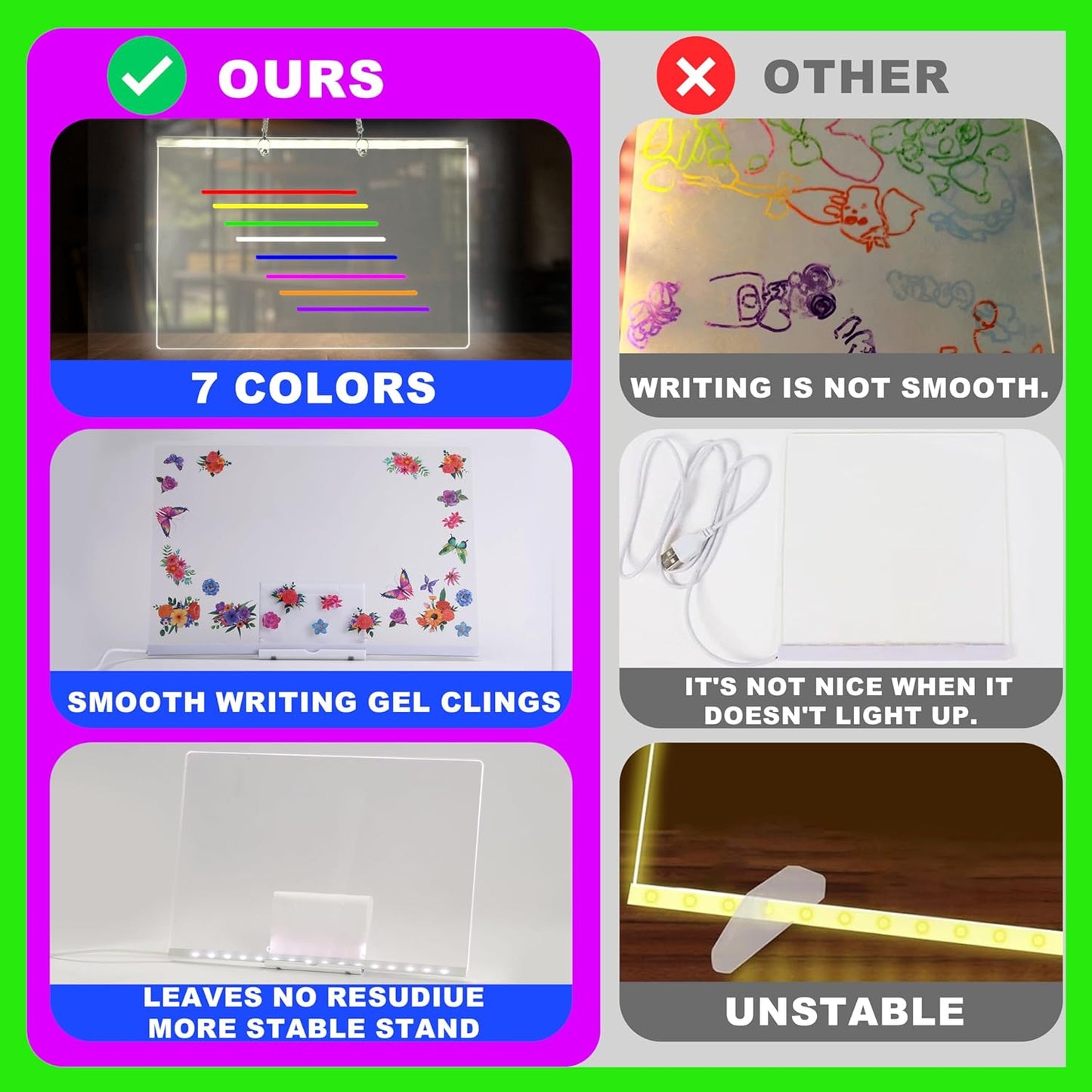 LED Drawing Board, 14'' Acrylic Note Board with Colors, Include LED Light Up Writing Pad 4 Modes & 7 Colors, 8 Markers, Stand, Hanging Chain, 2 Gel Clings, Holiday Gift