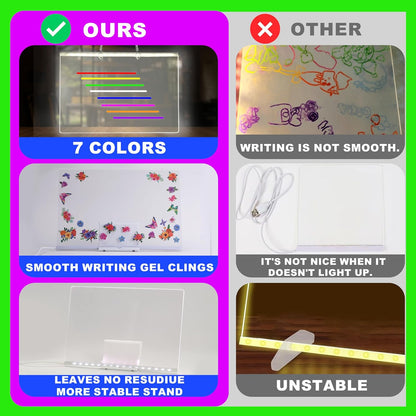 LED Drawing Board, 14'' Acrylic Note Board with Colors, Include LED Light Up Writing Pad 4 Modes & 7 Colors, 8 Markers, Stand, Hanging Chain, 2 Gel Clings, Holiday Gift