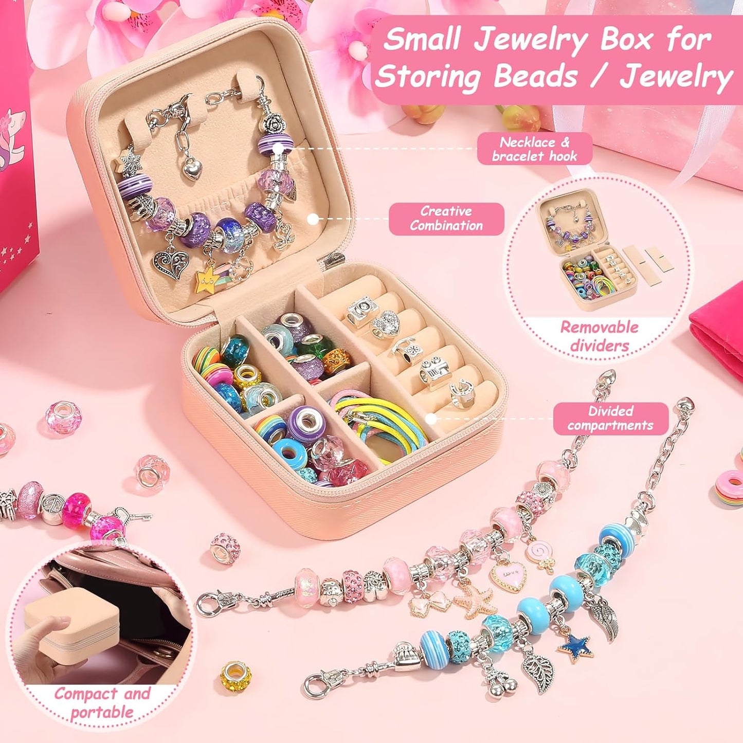 LifeisLuck Charm Bracelet Making Kit, 140 PCS DIY Craft Bead Sets Jewelry Making Kit, Portable Bracelet Organizer Gift Box for Teenage Birthday Christmas Stocking White Elephant Gift Exhange