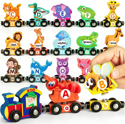 Helsort 27 PCS Magnetic Wooden Alphabet Train Set, ABC Learning Toy with 42 Flash Cards, 1 Engine and Storage Bag, Educational Letter Toy Trains for Toddlers, Boys Girls, Ideal Gift for 3-7 Year Olds