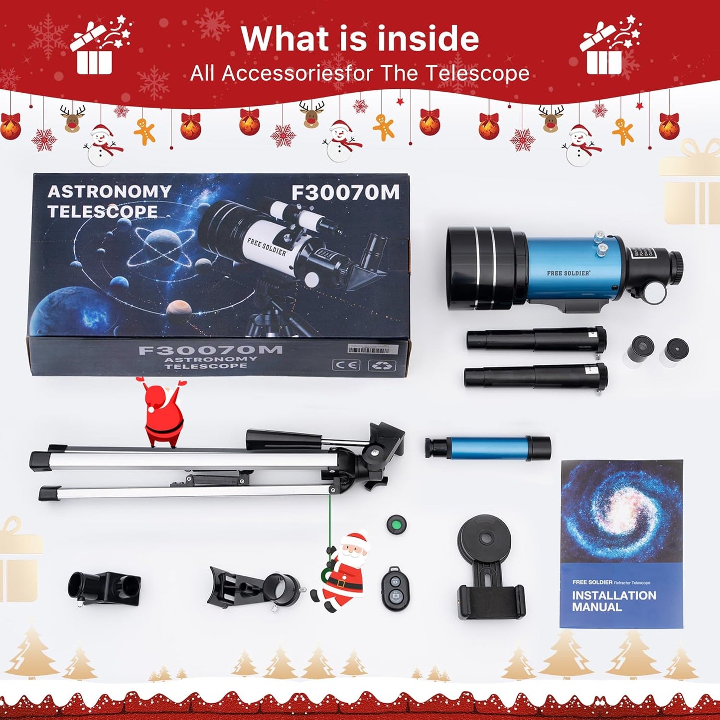 FREE SOLDIER Telescope for Kids 70mm Aperture Astronomical Refractor Telescopes for Beginners (15X-150X) 300mm Telescope for Adults High Powered with A Phone Adapter & A Wireless Remote (White)