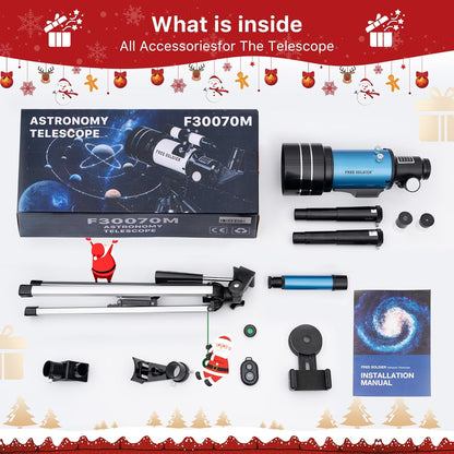 FREE SOLDIER Telescope for Kids 70mm Aperture Astronomical Refractor Telescopes for Beginners (15X-150X) 300mm Telescope for Adults High Powered with A Phone Adapter & A Wireless Remote (White)