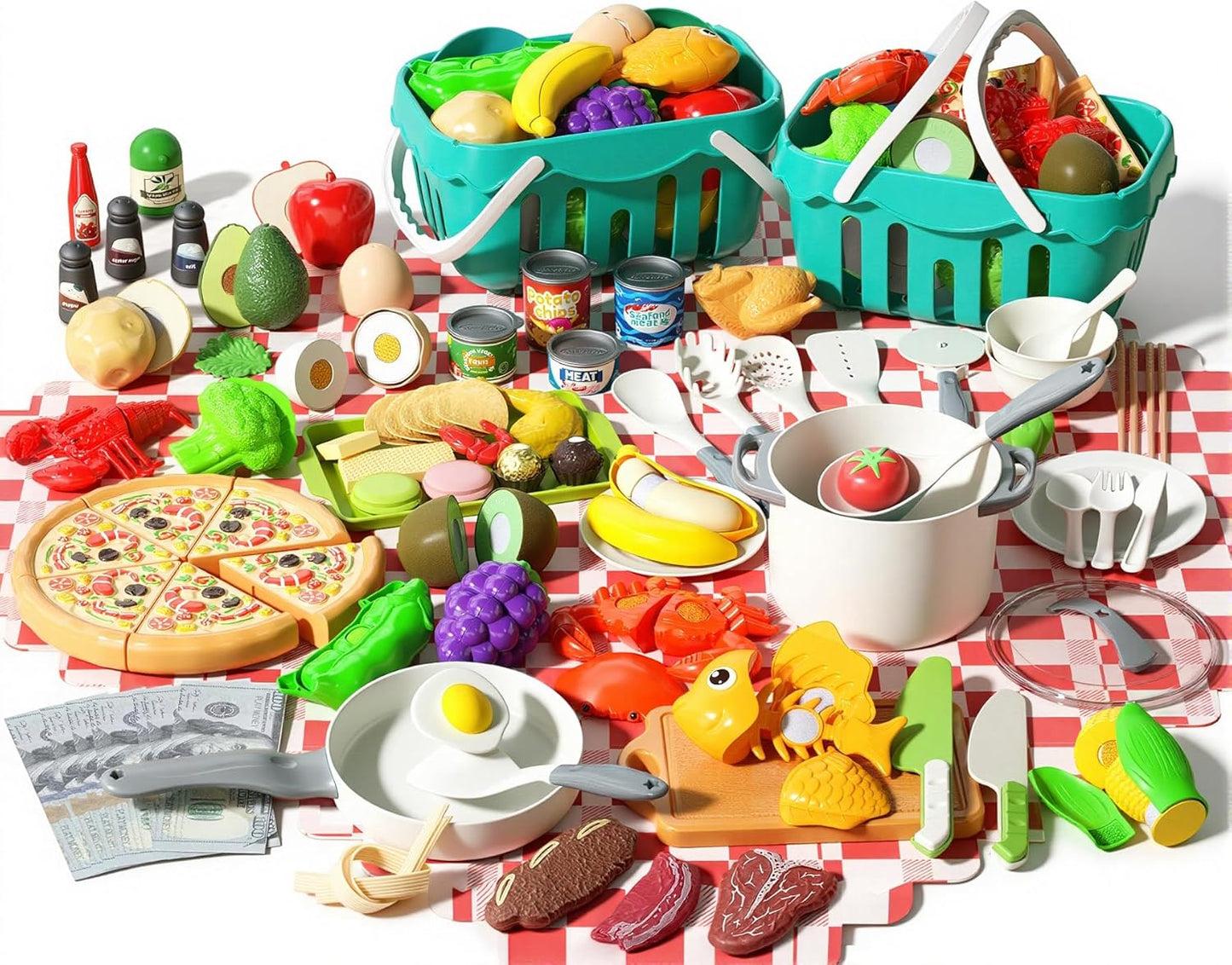 150Pcs Kitchen Playset, Toddlers Pretend Cooking Cookware Accessories, Food, Picnic Blanket, Fruits, Veges, 2Pack Shopping Storage Basket, Dessert and Prop Money, Gift for Kids (Pink)