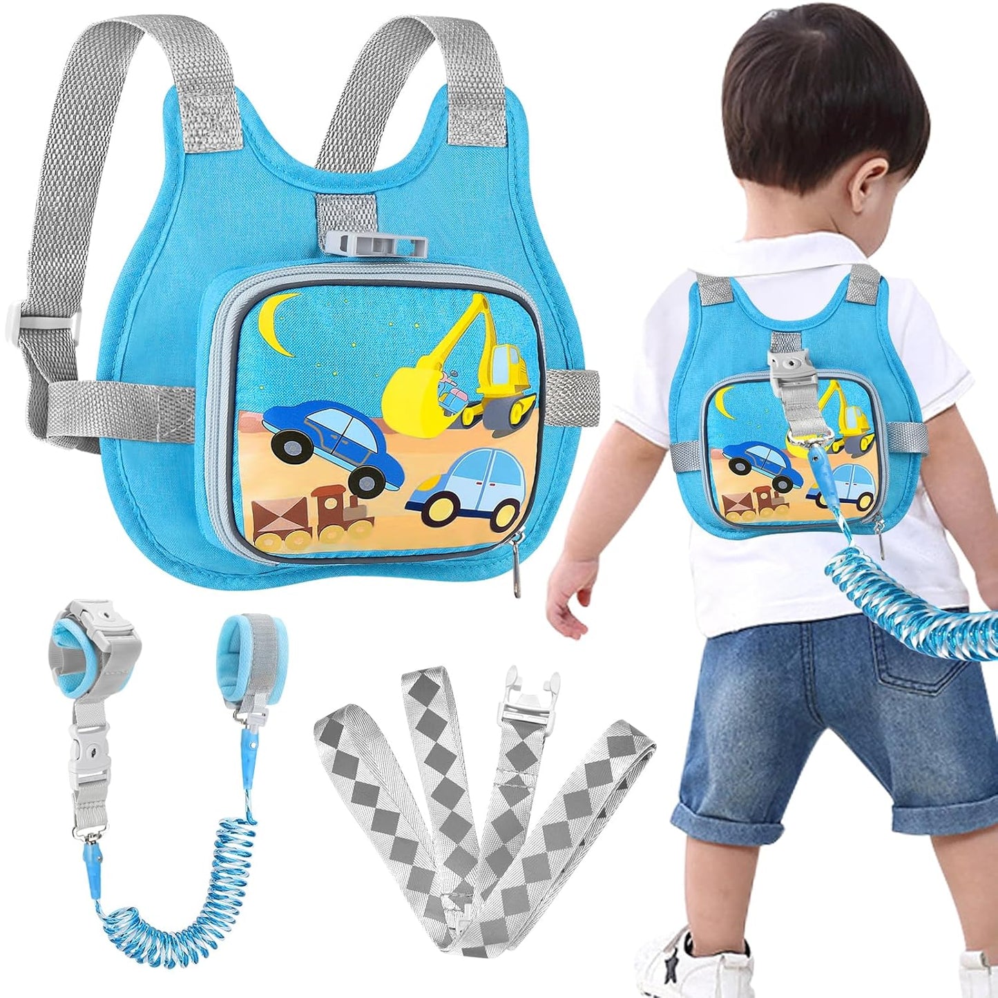 Accmor Toddler Harness Leash + Reflective Anti Lost Wrist Link, Cute Car Kids Back Pack with Hand Strap Collapsible Child Walking Restraint Belt Tether Hold Baby Boys Close for Outdoor Travel
