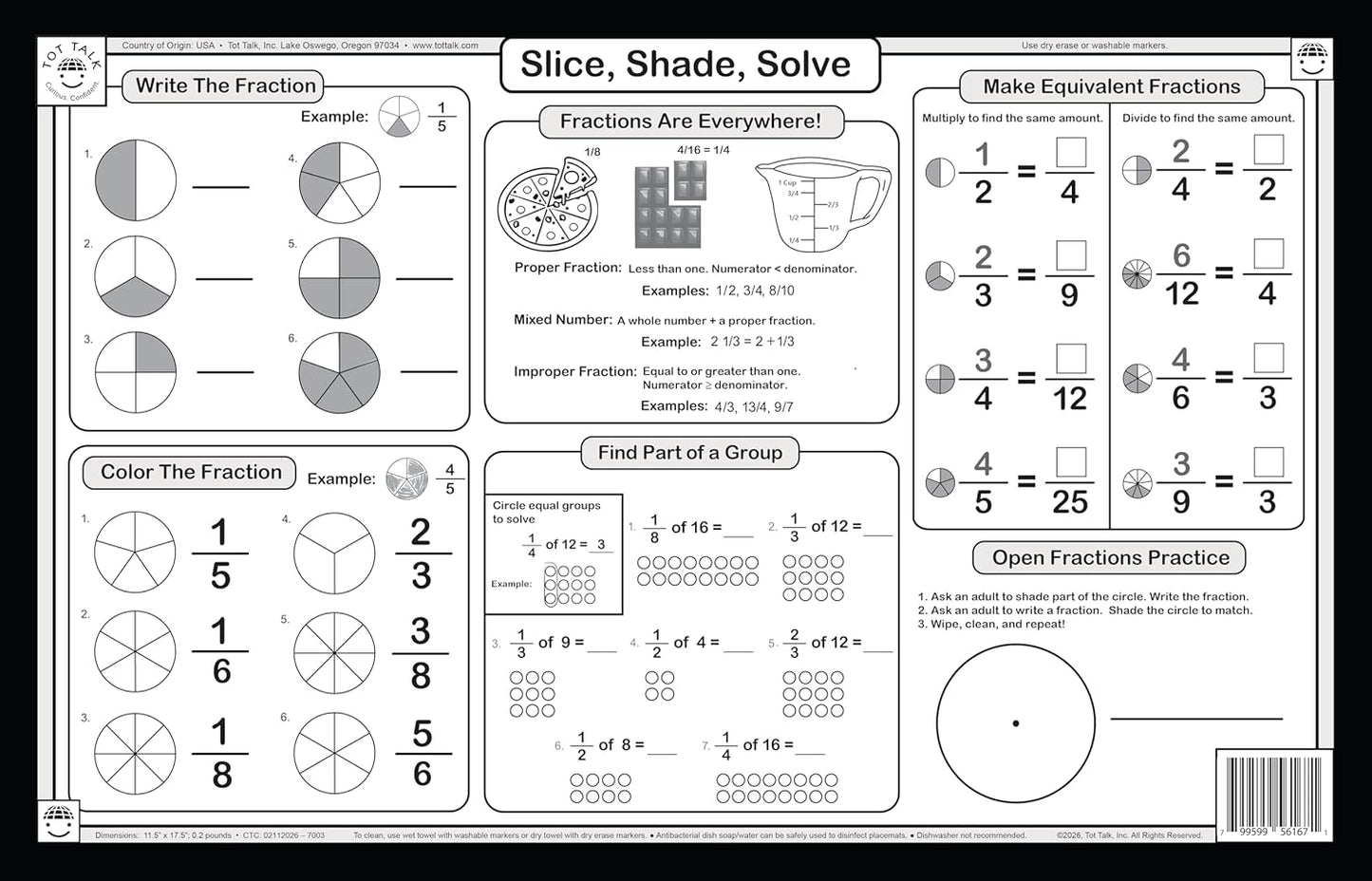 Tot Talk Mastering Fractions Educational Placemat for Kids – Made in USA – Durable, Double-Sided, Math Placemat with Fraction Concepts & Practice Problems – Waterproof, Wipeable, 17.5” x 11.5”
