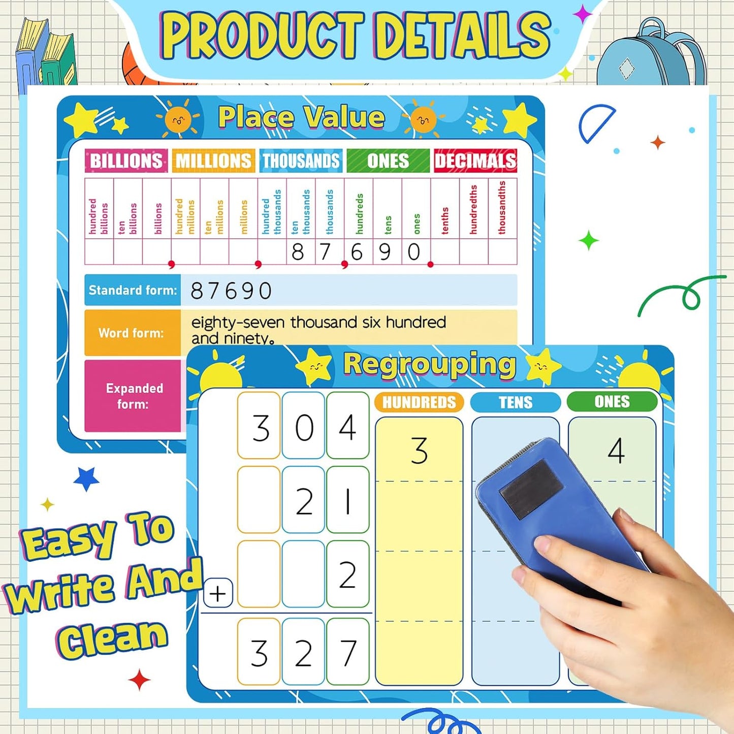 AmazingSpark 18 Pack Math Manipulative Whiteboards Dry Erase Flash Cards 9''x12'' Double Sided for Kids Student Teacher Classroom Must Have School(Classic Place Value Charts)