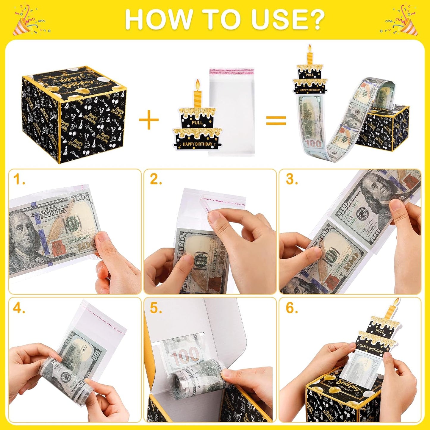 Birthday Money Box for Cash Gift Pull, Surprise Gift Boxes for Money, Money Holder Box with Pull Out Happy Birthday Card and 50Pcs Transparent Bags, Money Gift Ideas for Kids and Adults