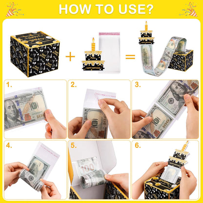 Birthday Money Box for Cash Gift Pull, Surprise Gift Boxes for Money, Money Holder Box with Pull Out Happy Birthday Card and 50Pcs Transparent Bags, Money Gift Ideas for Kids and Adults
