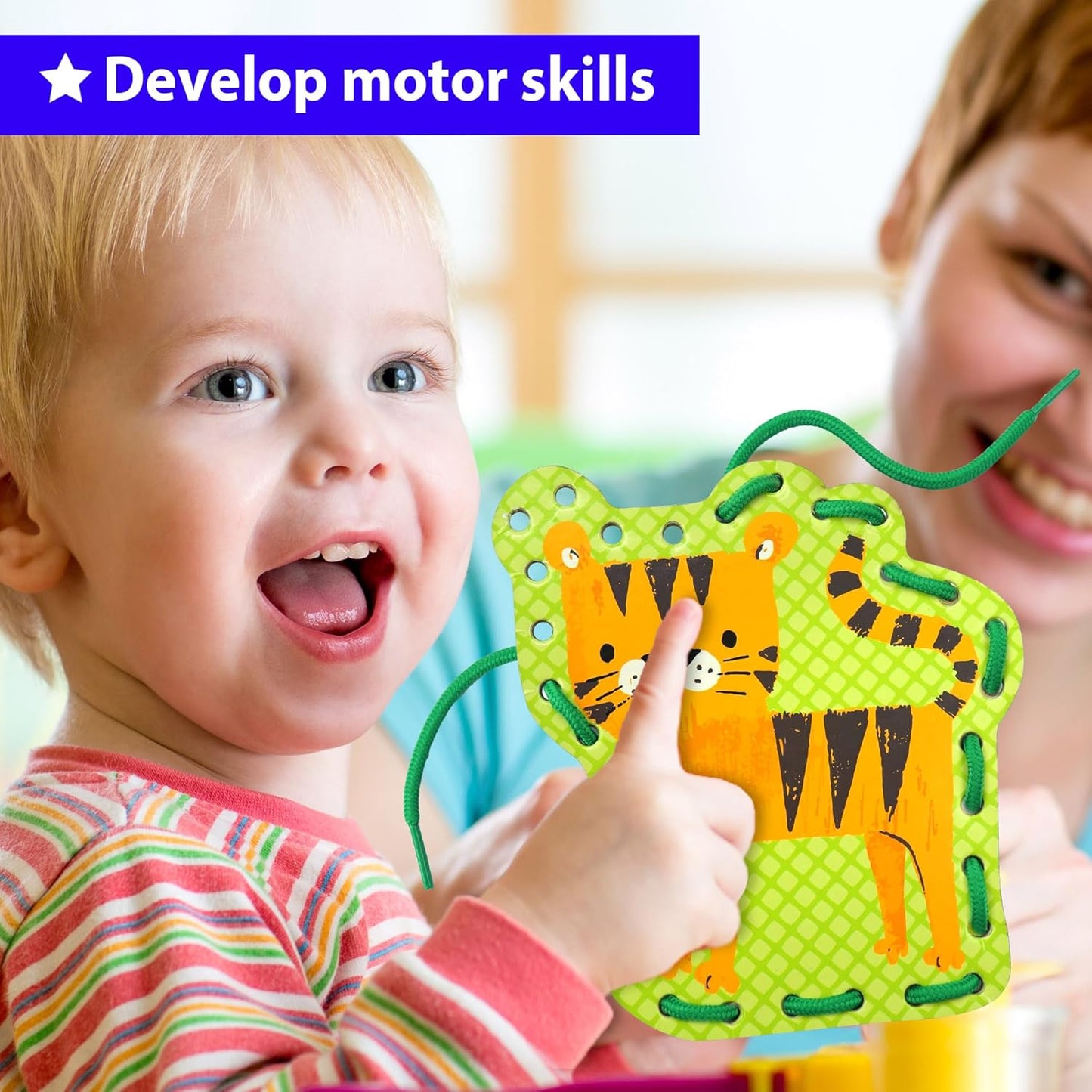 KRAFUN My First Lacing Cards Kit for Toddlers & Kids Age 3+, 10 Safari Animal Arts & Crafts Projects, Fine Motor Skills Toys with Lion Monkey Elephant Tiger Giraffe Hippo Zebra Bear