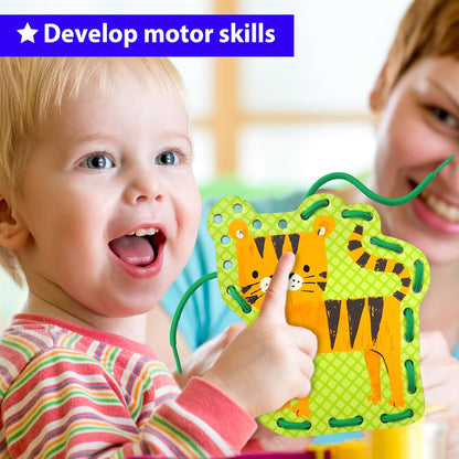 KRAFUN My First Lacing Cards Kit for Toddlers & Kids Age 3+, 10 Safari Animal Arts & Crafts Projects, Fine Motor Skills Toys with Lion Monkey Elephant Tiger Giraffe Hippo Zebra Bear