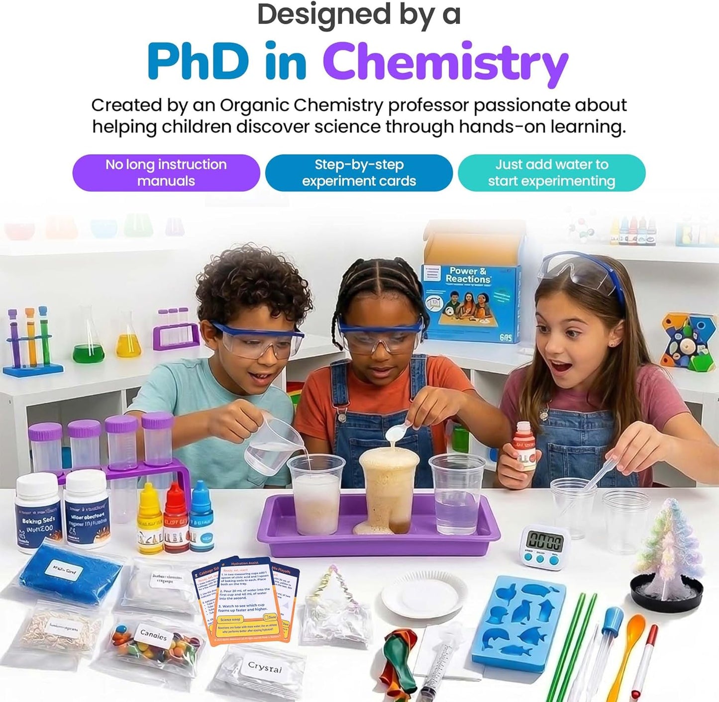 Power & Reactions Chemistry Kit - 40+ STEM Educational Science Experiments for Kids Ages 7-12 with Periodic Table Cards & All Tools, Hands-On Learning Activities for Boys & Girls