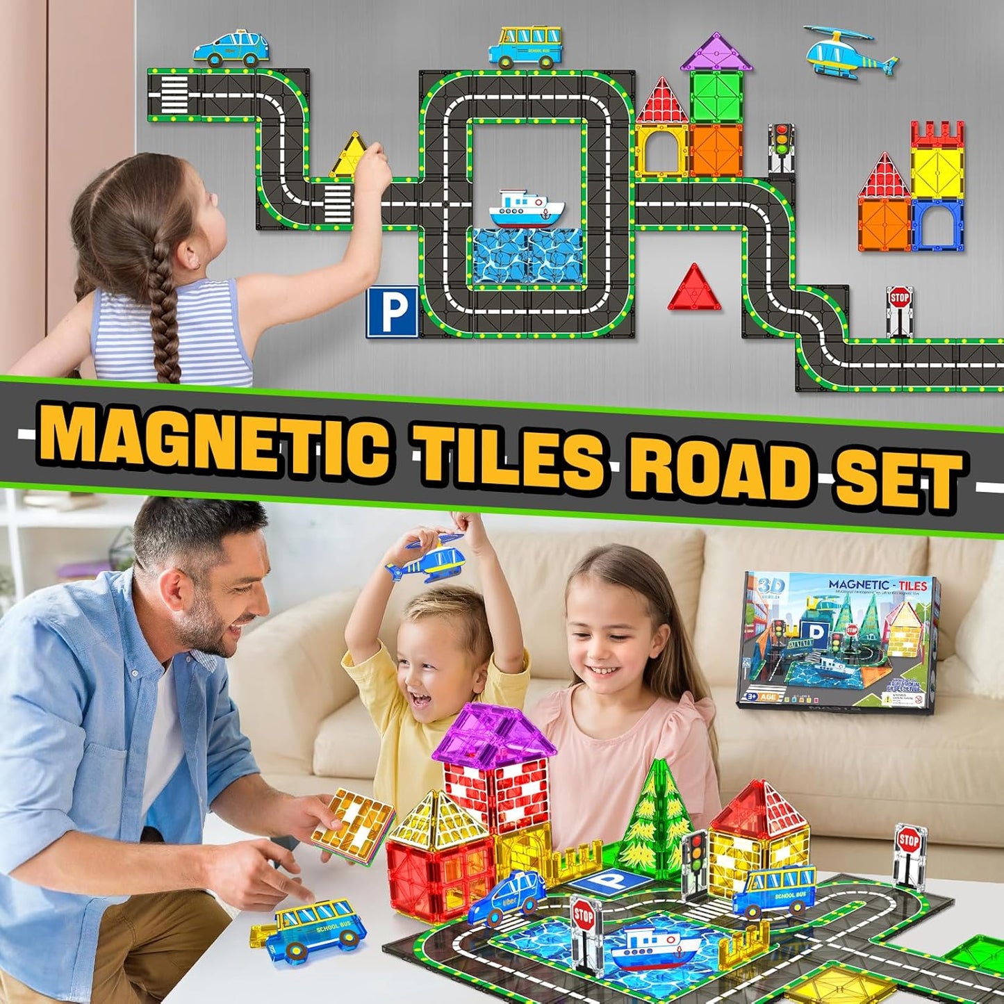 KAEILORU Magnetic Tiles Road Set with Car Magnet Building Tile Toys for Kids Ages 3-5 4-8 5-7 Magnetic Blocks Expansion Pack STEM Construction Valentines Toys Boy Girl Toddler Birthday Gift 42pcs