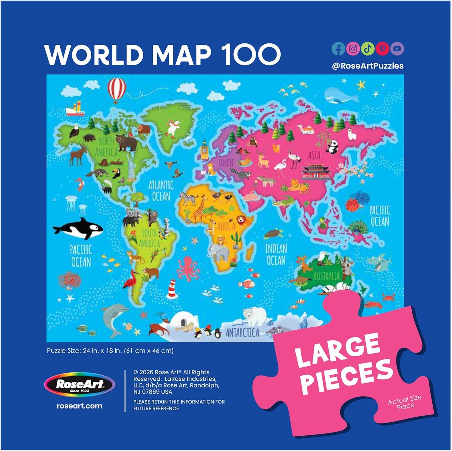 RoseArt Map of USA Puzzle for Kids – 100 Large Pieces, 24" x 18" – Educational United States Puzzle with Fun State Illustrations – Made in USA – Learning Toy for Ages 6+