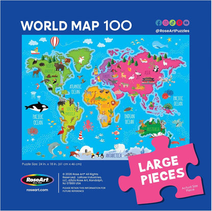 RoseArt Map of USA Puzzle for Kids – 100 Large Pieces, 24" x 18" – Educational United States Puzzle with Fun State Illustrations – Made in USA – Learning Toy for Ages 6+