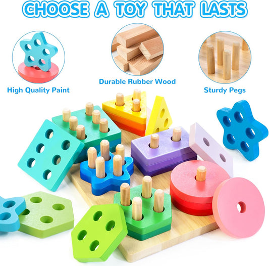 Shape Sorters for Toddlers 1-3 with 24-Piece Large Blocks & 12 Word Cards, Montessori Sensory Developmental Toy for Baby 12mo+, Wooden Stacking Puzzle Toy for 2-4 Year Old Kid Boy & Girl Birthday Gift