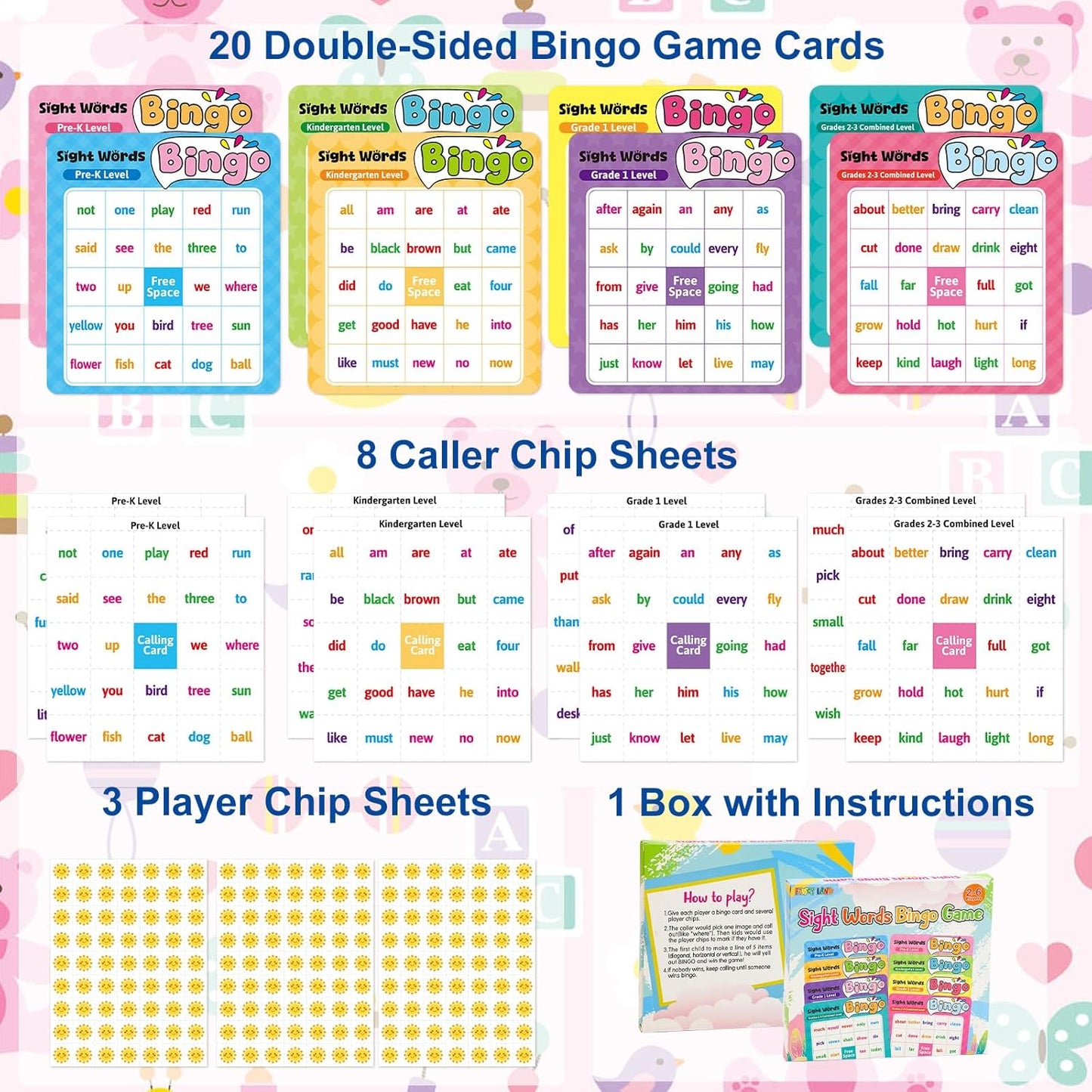 Fancy Land Sight Word Bingo Game Kids Adults Dolch's & Fry's Words Lists Bingo Set for Pre-k to 3rd Grade Educational Games Home Classroom Activities Supplies