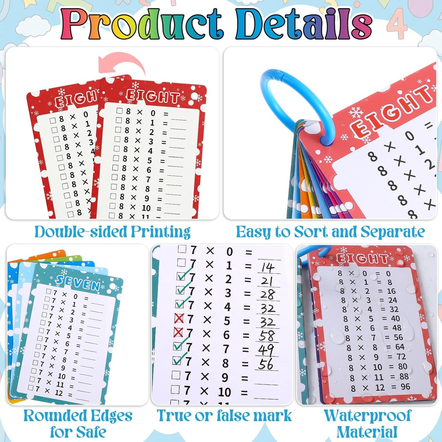 14Pcs Multiplication Flash Cards 0-12, Time Table Flash Cards Chart, Large Math Table Flashcards with 2 Dry Erase Markers & 1 Ring, Educational Math Flashcard for Classroom Home, for 1st to 3rd Grades
