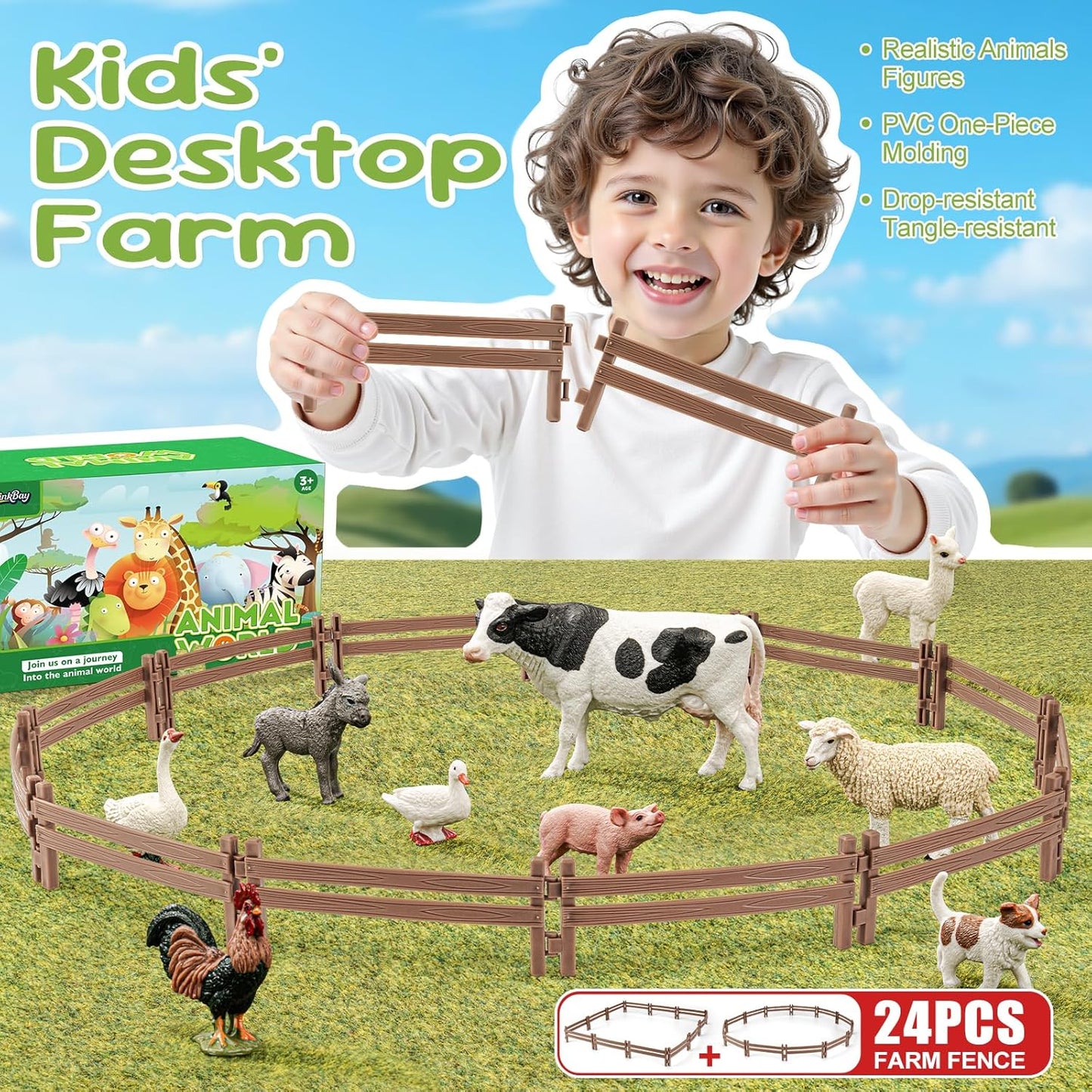 24PCS Farm Ranch Animal Fence Corral Toys for Kids Age 3-5 5-7 4-8 Years Olds Boys Girls, Educational Farm Animal Cake Toppers for Toddlers 3 4 5 6 7 8 9 10