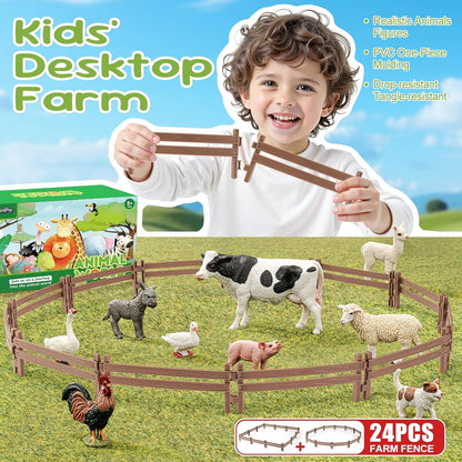 24PCS Farm Ranch Animal Fence Corral Toys for Kids Age 3-5 5-7 4-8 Years Olds Boys Girls, Educational Farm Animal Cake Toppers for Toddlers 3 4 5 6 7 8 9 10
