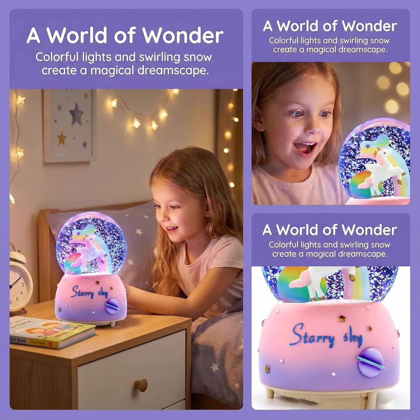 Unicorn Music Snowball, 80MM Snow Globes for Girls Music Box, with LED Rainbow Snow Lights, Birthday, Christmas, Ideal Gift for Girls (Pink&Blue)
