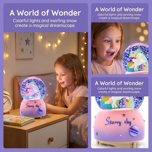 Unicorn Music Snowball, 80MM Snow Globes for Girls Music Box, with LED Rainbow Snow Lights, Birthday, Christmas, Ideal Gift for Girls (Pink&Blue)