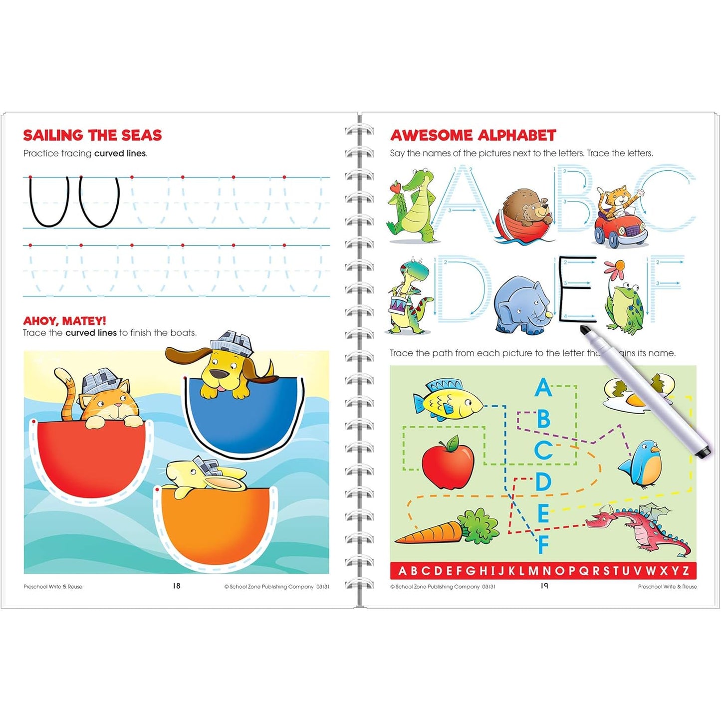 School Zone Preschool Write & Reuse™ Workbook: 52 Wipe-Clean Pages, Spiral-Bound, Letters, Numbers, Early Math, Tracing & Writing, Ages 3–5, Includes Dry-Erase Marker
