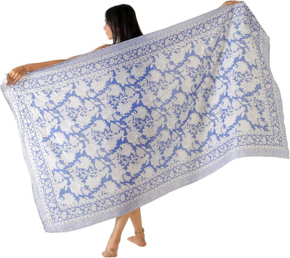 100% Cotton Sarong Cover Up for Women Indian Block Print Beach Wrap Skirt Long Boho Swimsuit Bikini Pareo (73” x 43”)