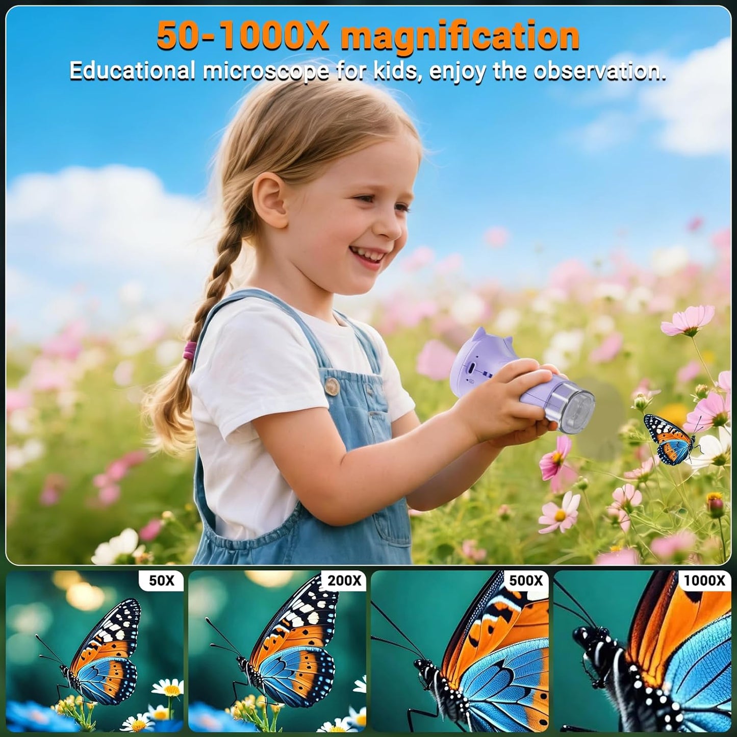 Pocket Kids Microscope, 1000X Handheld Microscope for Kids w/2.4'' Screen, Photo Video Mini Portable Microscopes Science Edu Digiscope, Christmas Birthday Gifts Ideas for Kids Ages 3-12 (Purple)