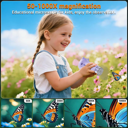 Pocket Kids Microscope, 1000X Handheld Microscope for Kids w/2.4'' Screen, Photo Video Mini Portable Microscopes Science Edu Digiscope, Christmas Birthday Gifts Ideas for Kids Ages 3-12 (Purple)