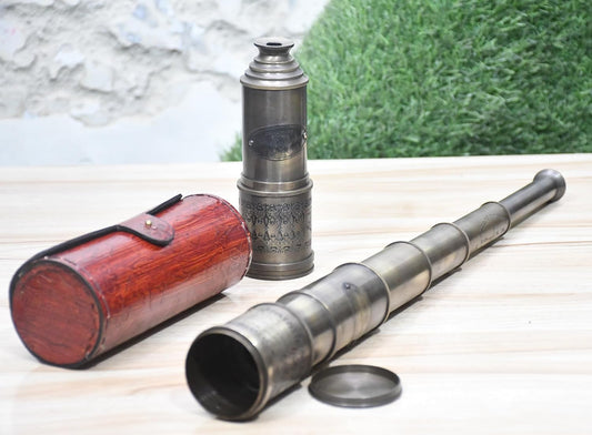 Brass Telescope Antique Telescope 1915 London Brass Maritime Vintage Nautical Spyglass Mounted Pirate with Leather Box, Monocular Nautical Decor for Gifting, Travellers