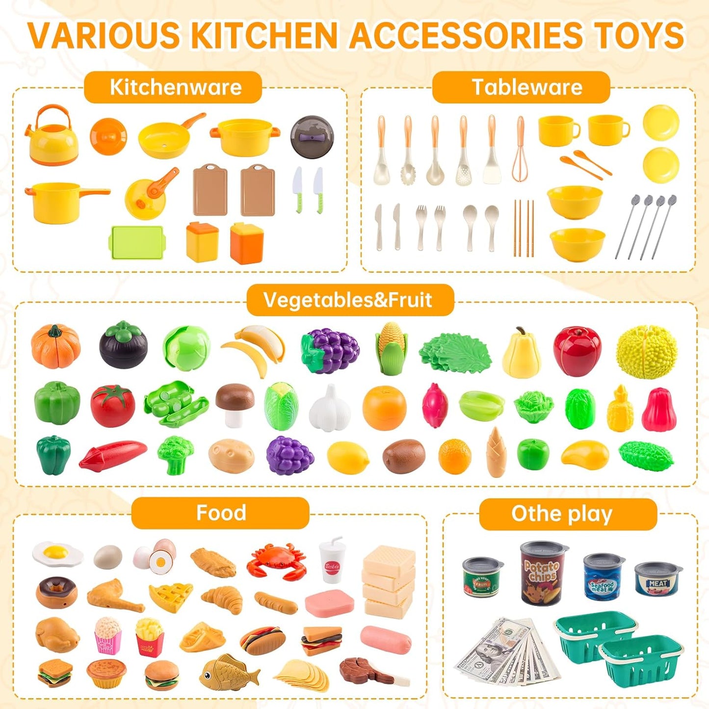 60Pcs Kids Mini Play Kitchen Accessories, Pretend Cooking Play Set with Cookware, Tableware & Fruit & BBQ Sets, Learning Gift for Boys, Girls, Toddlers,Yellow