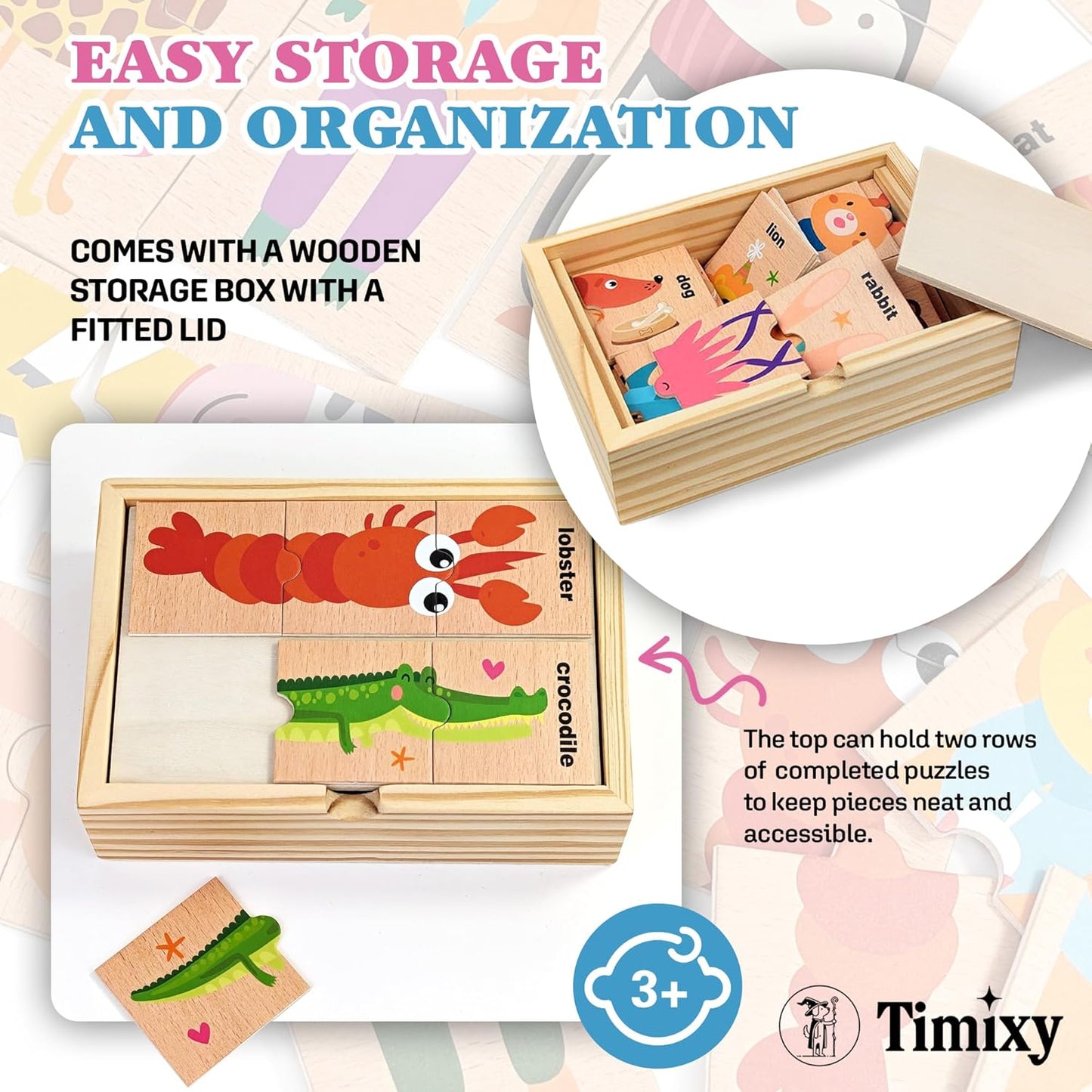 Montessori Wooden Puzzle for Toddlers, Wood Puzzle for Kids Ages 3-5, Animal Matching Game, Preschool Learning Toy, Educational Activity for 3 Year Old Boy Girl Birthday Gift, 48pc with Storage Box