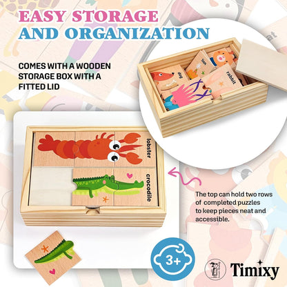 Montessori Wooden Puzzle for Toddlers, Wood Puzzle for Kids Ages 3-5, Animal Matching Game, Preschool Learning Toy, Educational Activity for 3 Year Old Boy Girl Birthday Gift, 48pc with Storage Box