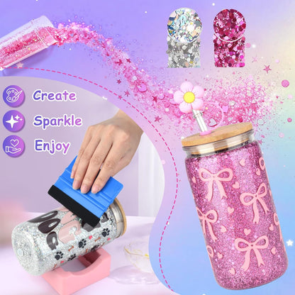 kiddgroo Snow Globe Tumbler Supplies, 25 Pcs DIY Snowglobe Cup Set– Includes 16oz Double-Wall Acrylic Tumbler, Cup Cradle, UV DTF Wraps, Craft Glitter & DIY Tools,Mothers Day Gifts