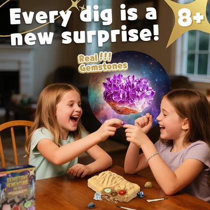 Gemstone Dig Kit for Kids with 2 Tools, Excavate 10 Real Gems, STEM Science Mining Toy, Educational Gift for Boys and Girls Ages 8-12