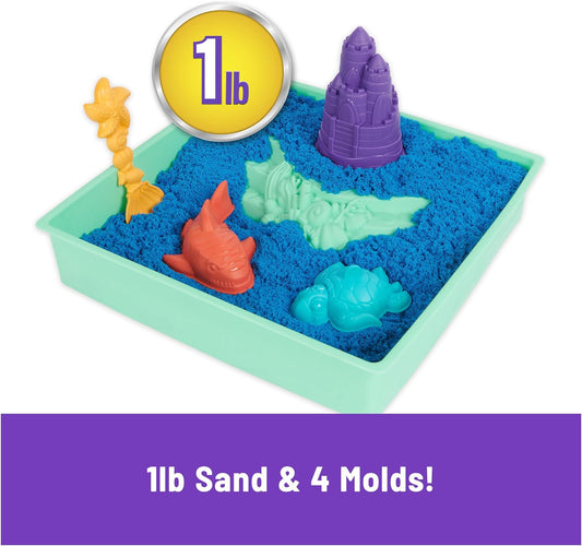 Kinetic Sand, Sandbox Set with 1lb Blue Play Sand, 4 Tools & Molds, Storage, Sensory Toys for Kids Ages 3 and up
