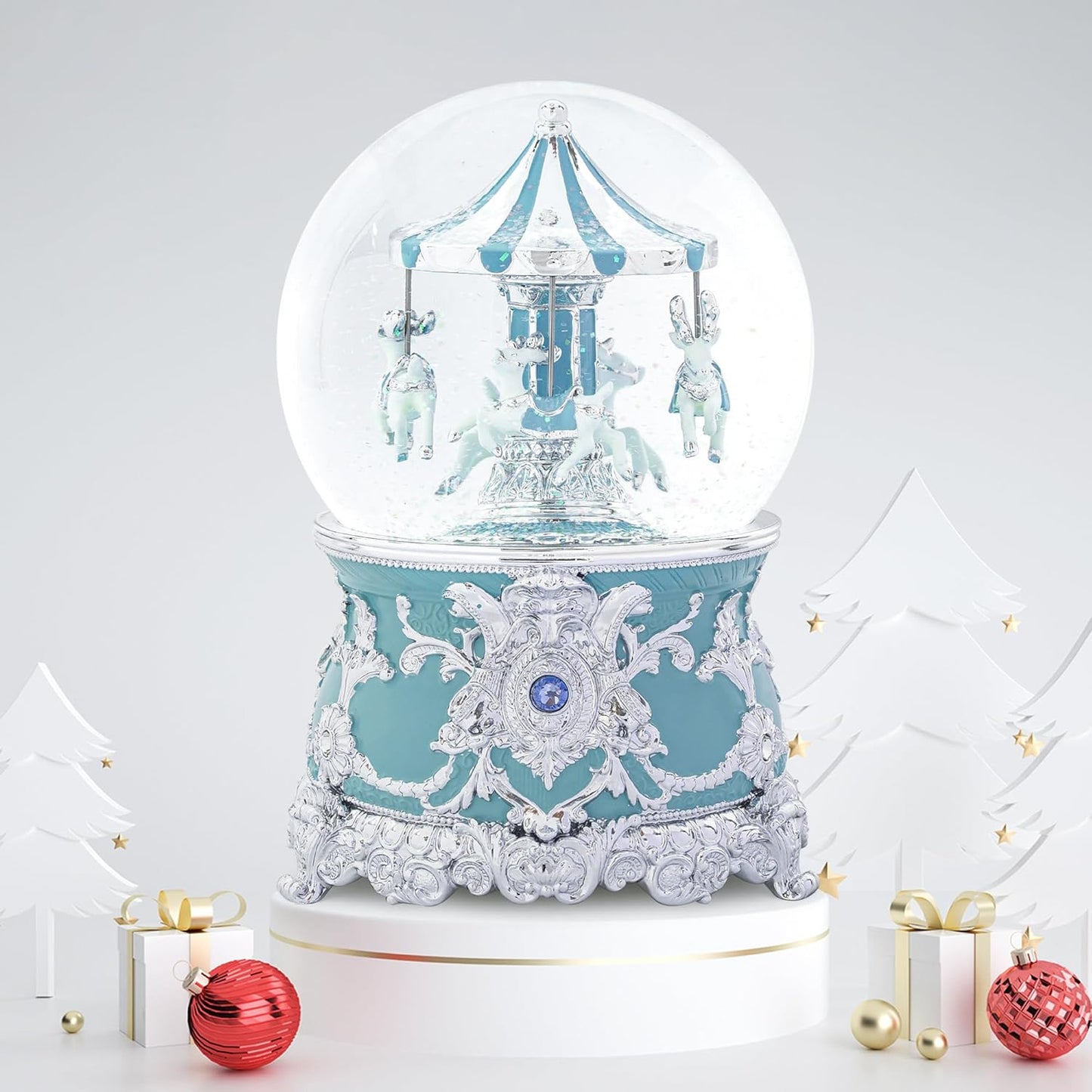 Carousel Music Box Gold & Ivory Christmas Snow Globes, 8.3" Rotate Carousel Snow Globe for Kids & Adults, Classic Wind up Musical Snow Globe Birthday Gifts for Women Girls, Carousel Horse Home Decor