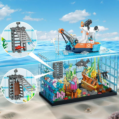 Moving Mechanical Dolphin Building Set - Hand Crank Model Kit with Swimming Tail, Movable Jaw & Glowing Lights | STEM Educational Toy & Unique Desk Decor for Ages 8+, Adults, Blue