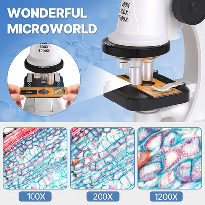 61 Piece Kids Microscope Kit, 100X-1200X Magnification with LED Light | Durable Metal Body, Slides & Carrying Box | STEM Biology Science Kit, Educational Gift for Children Ages 6-12