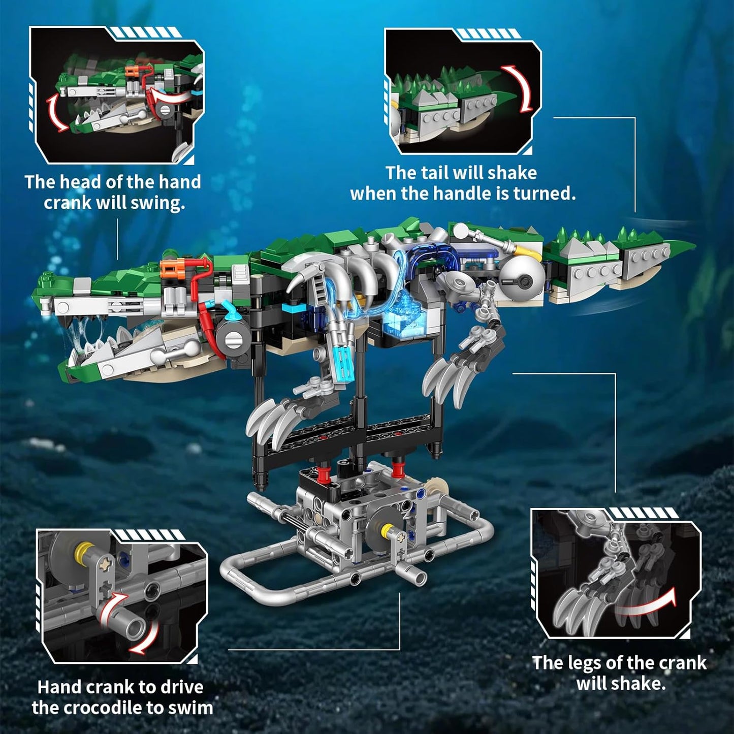 Mechanical Crocodile Building Set with Lights, Rotatable Link Components & Display Stand, STEM Building Set for Boys 8-14, Home Office Decor for Adults, Mechanical Enthusiasts（648PCS）