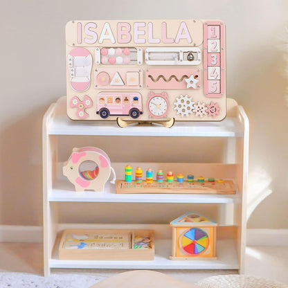 Montessori Busy Board with Personalized Name Puzzle, Wooden Sensory Activity Toy for Toddlers 1-3, First Birthday Gift