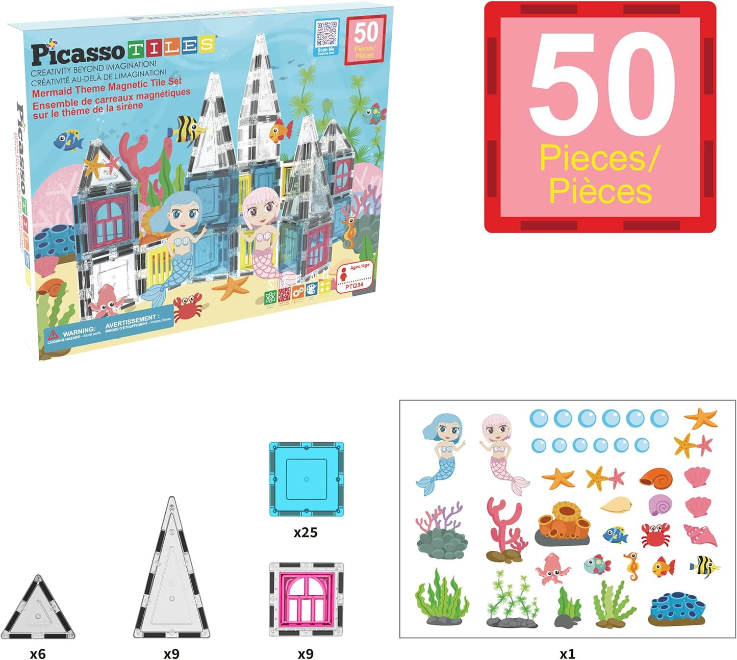 PicassoTiles Magnetic Tiles Magnet Tile Building Blocks Marine Animal World Themed Set with 8 Ocean Character Action Figures STEM Learning Toy Construction Toddlers Boys Girls Ages 3+ PTQ25