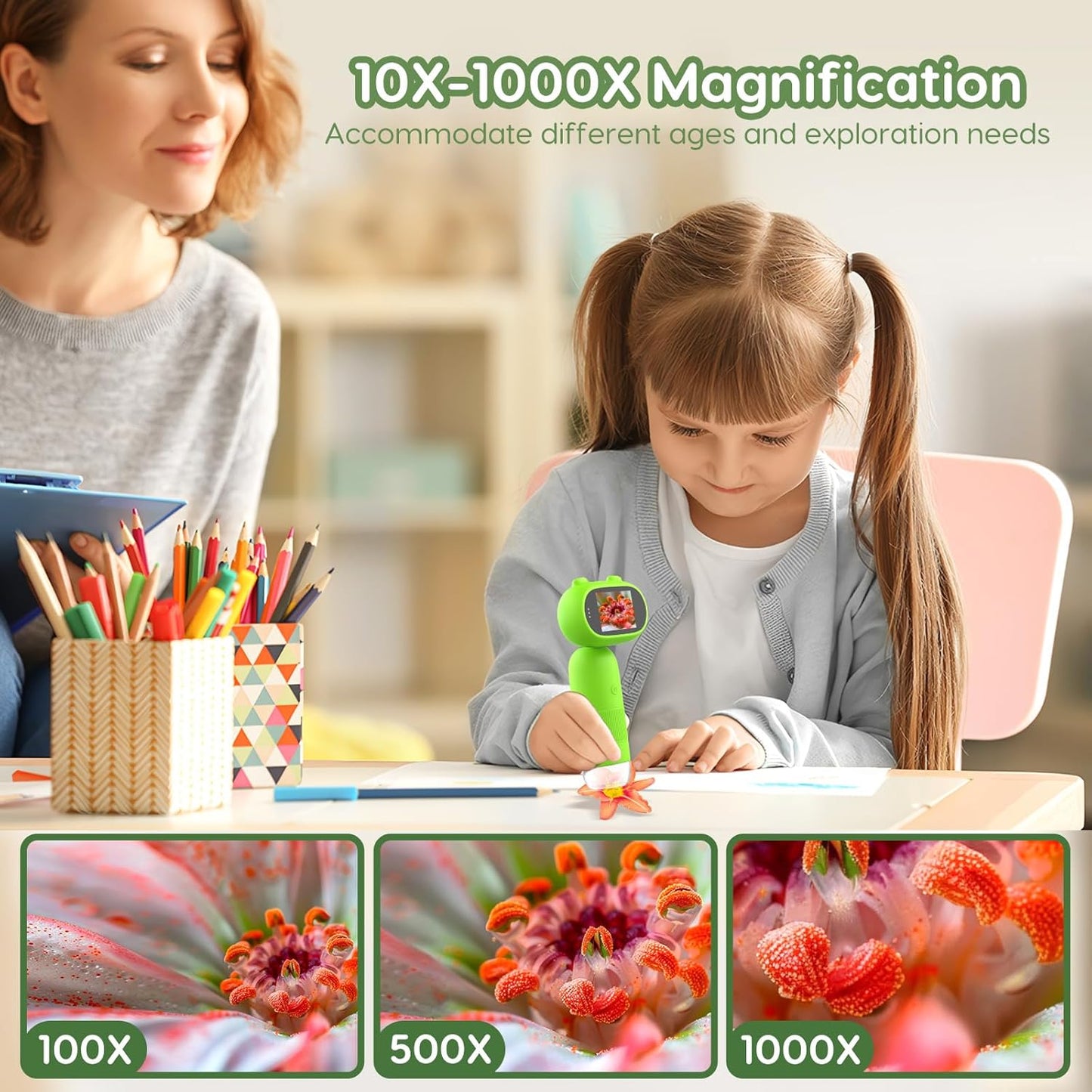 Hayve Handheld Digital Microscope for Kids 1000X,16MP Portable Pocket Microscope with 2inch IPS Screen,1080P Coin Magnifier for Collectors with 8 LEDs, PC View, 8GB