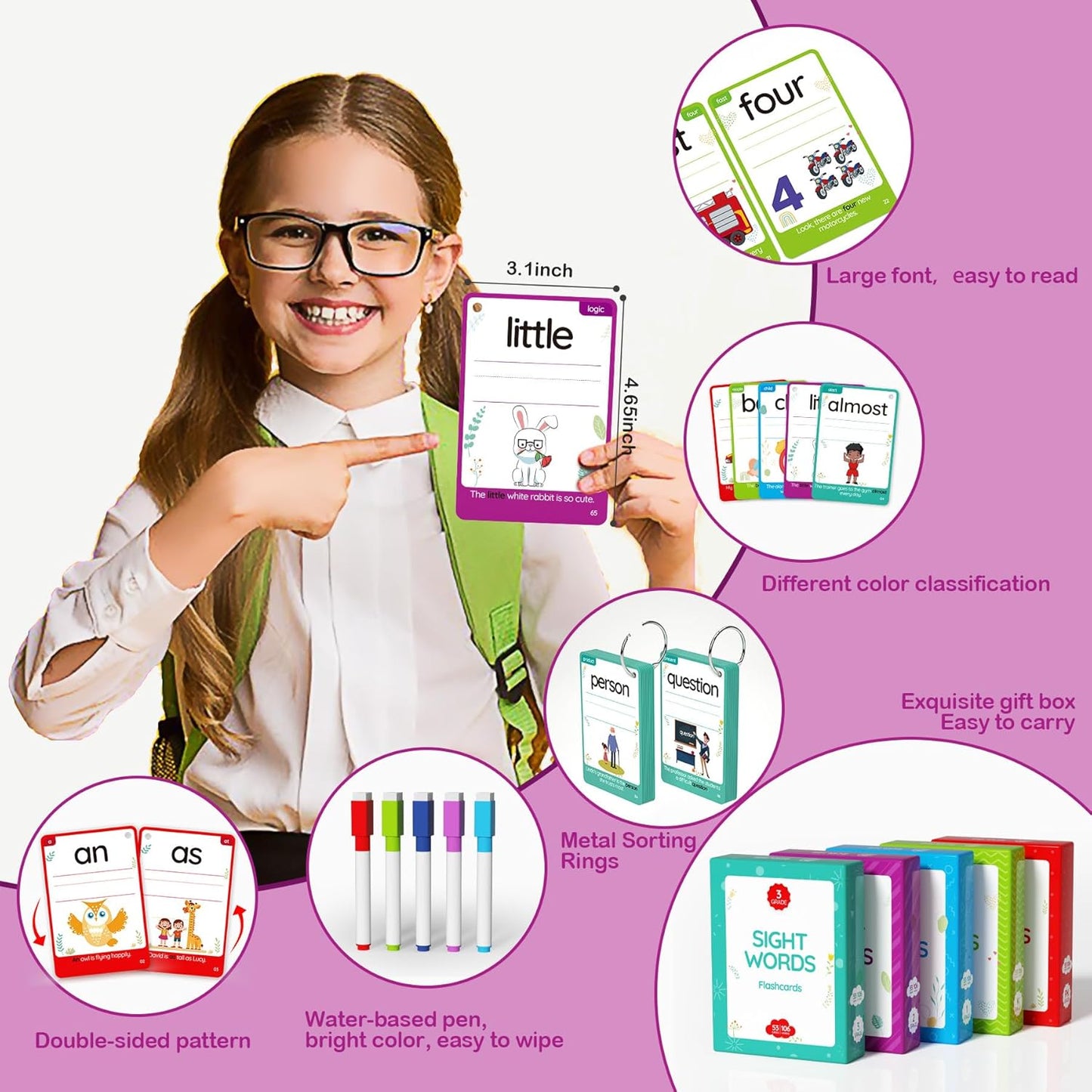 WJPC 55 Cards, 106PCS High Frequency First-Grade Sight Words Flash Cards, 1st Grade Phonics Learning Cards for 5,6,7,8 Years Ages Kids Boys, Girls Learn to Read, Write, Association, Sentence Making