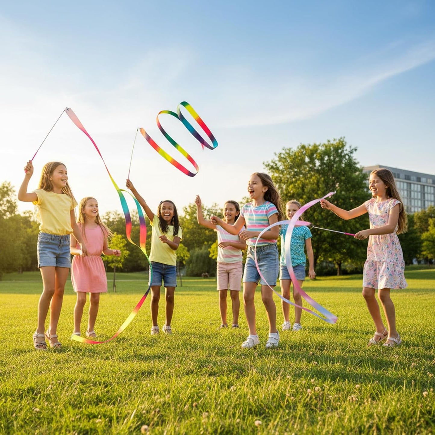 YGEOMER Ribbon Wands, 12pcs Rainbow Gymnastics Ribbons for Kids, Twirling Dance Sticks for Artistic Dancing, Talent Shows & Birthday Party Props