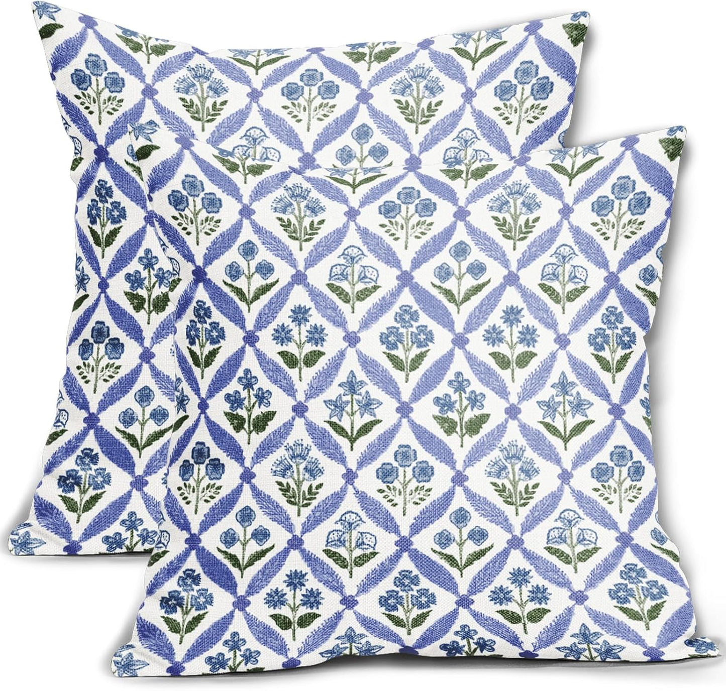 Blue Green Floral Block Print Pillow Covers 12X20 Set of 2, Flower Pattern Spring Summer Print Decorative Throw Pillow Covers Outdoor Farmhouse Seasonal Cushion Case Couch Sofa Bed Decor